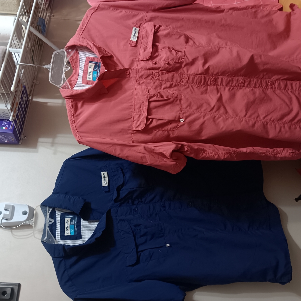 Magellan Outdoors Women's Button Down Shirts - Coral and Navy